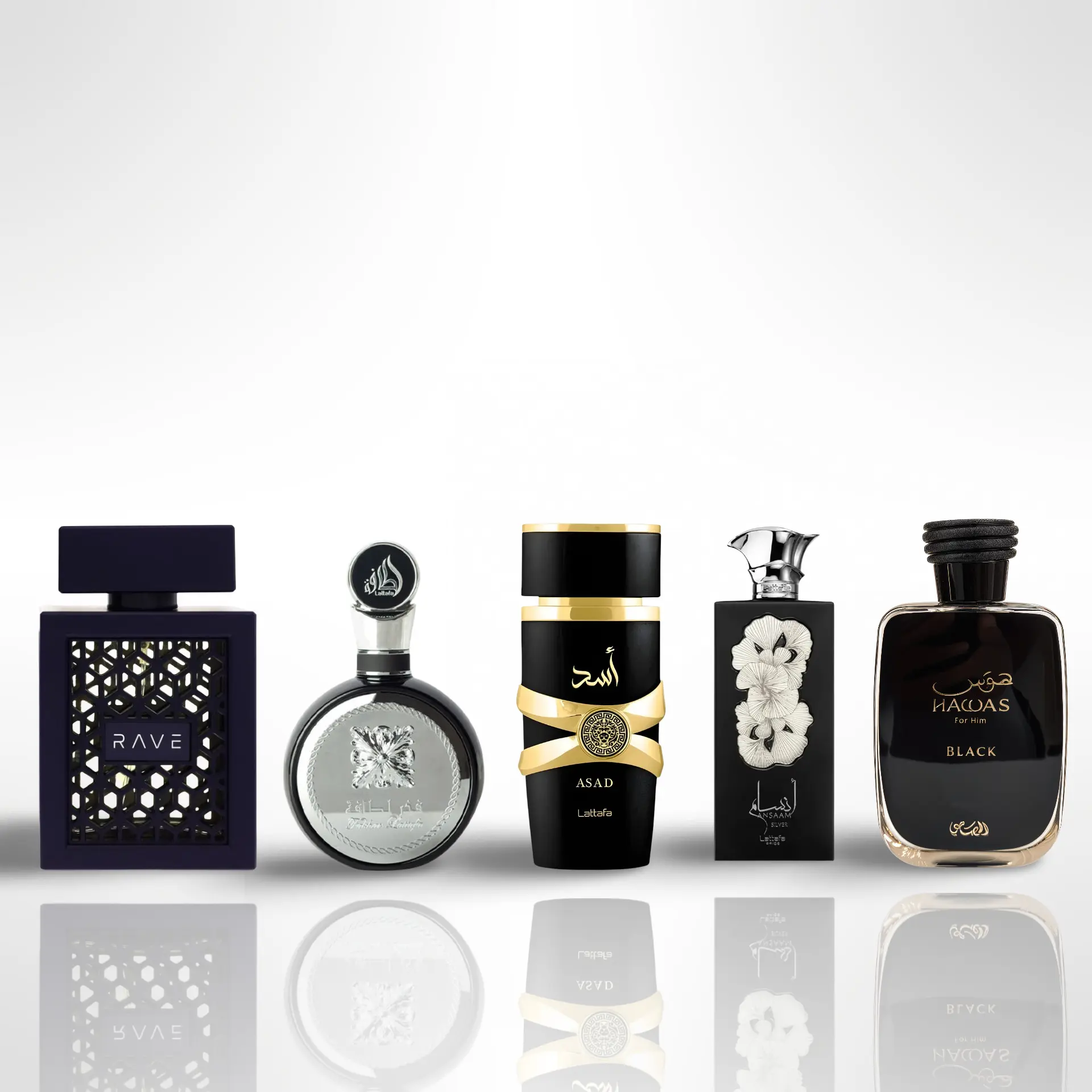 Lattafa 5-Piece Alcohol-Free Fragrance Set - Ansaam Silver, Fakhar, Rave Now, Hawas Black, Asad EDP Grade, Blueberry Citrus Blend, 3.4 fl oz (100ml) | Packaged Citrus-Flavored Fragrance Sets