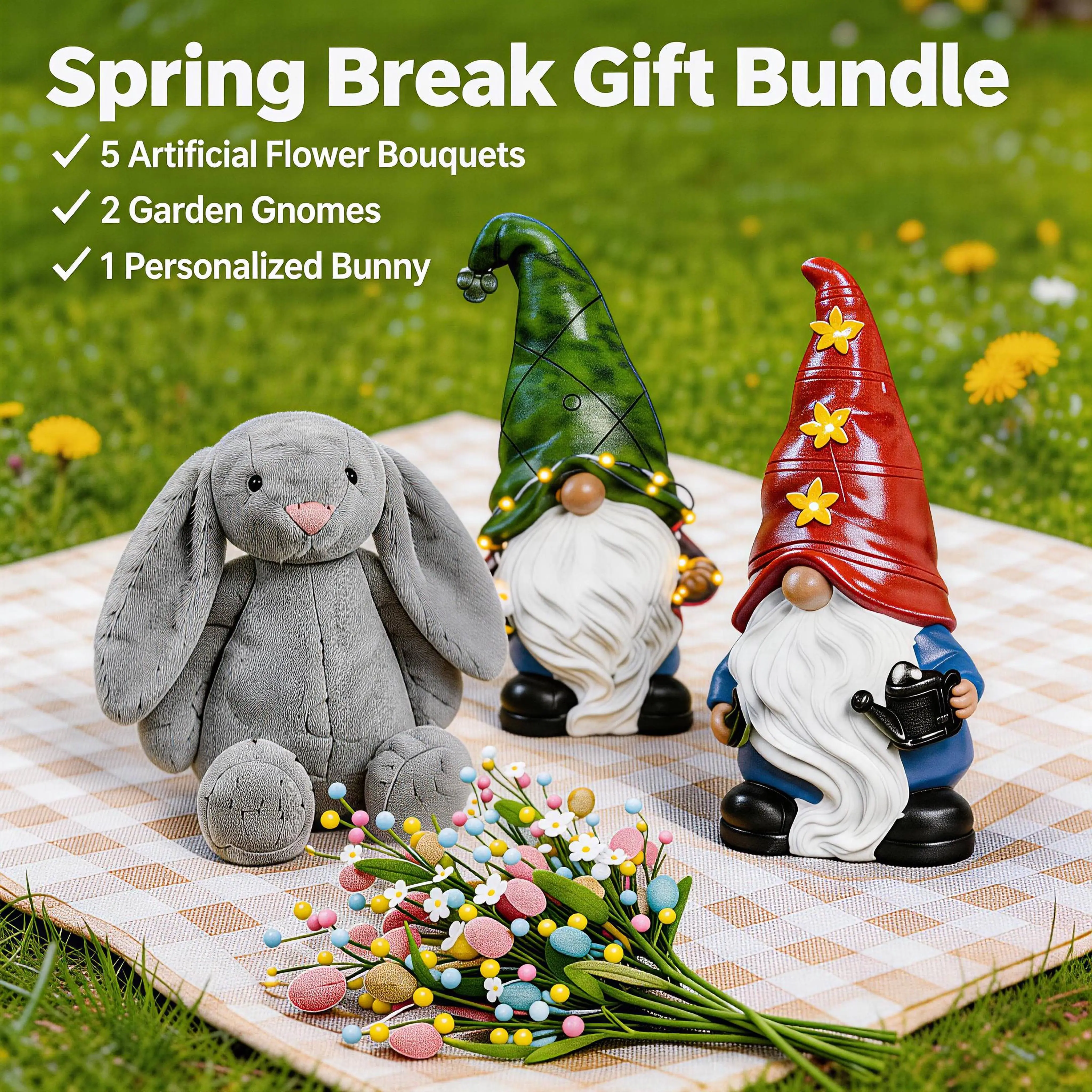 Spring Break Gnome & Custom Bunny Gift Bundle: Solar-Powered Resin Gnomes & 5PCS Artificial Flower Bouquets & 19.7" Personalized Plush Bunny