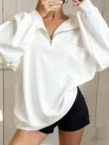 Women's Camo Long Sleeve Hoodie, Casual Loose Fit Half High Neck Pullover, Fall & Winter Warm Top with Zipper Design