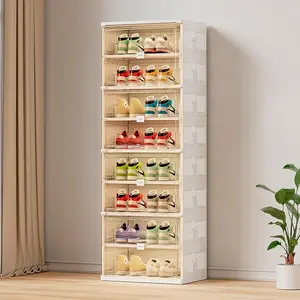 JEKO&JEKO 8 Tiers Foldable Shoe Rack Organizer Cabinet for Closet Entryway, Large Collapsible Shoe Storage Box with Magnetic Doors (White)