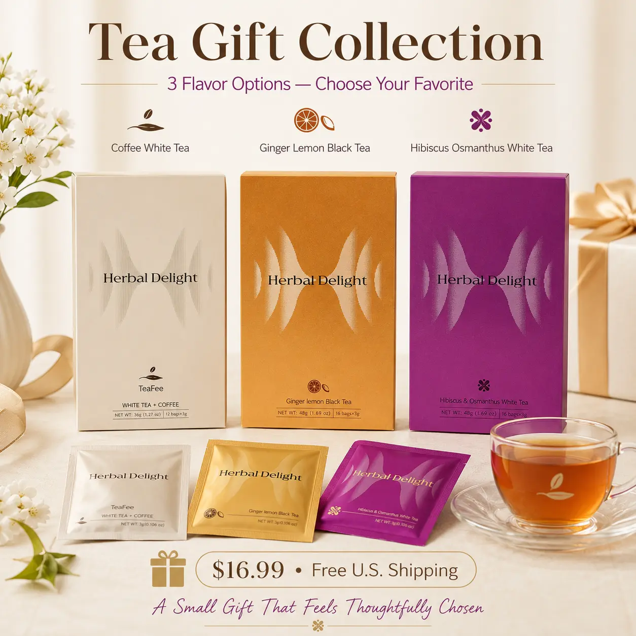 Herbal Delight 3-Flavor Tea Gift Set, Hibiscus Osmanthus White Tea, Ginger Lemon Black Tea & Coffee White Tea