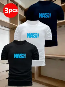 Three-Piece Men's Short Sleeve Shirts, Minimalist Design with Nash Text and Animal Head Pattern, Casual Loose-Fit Clothing