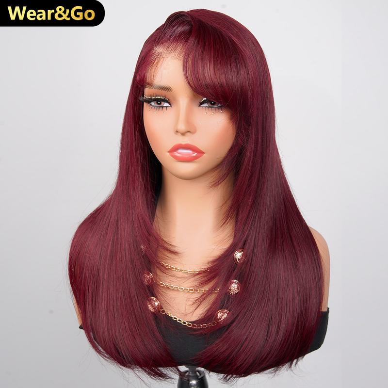 OQ HAIR Burgundy 99J Color Layered Straight Glueless Wig With Side Part Swept Bangs 220% Density 9x6 Pre-Everything Wear Go Wig With Drawstring Pre Colored Human Hair Wigs for Women Beginner Friendly Pre Styled Wigs