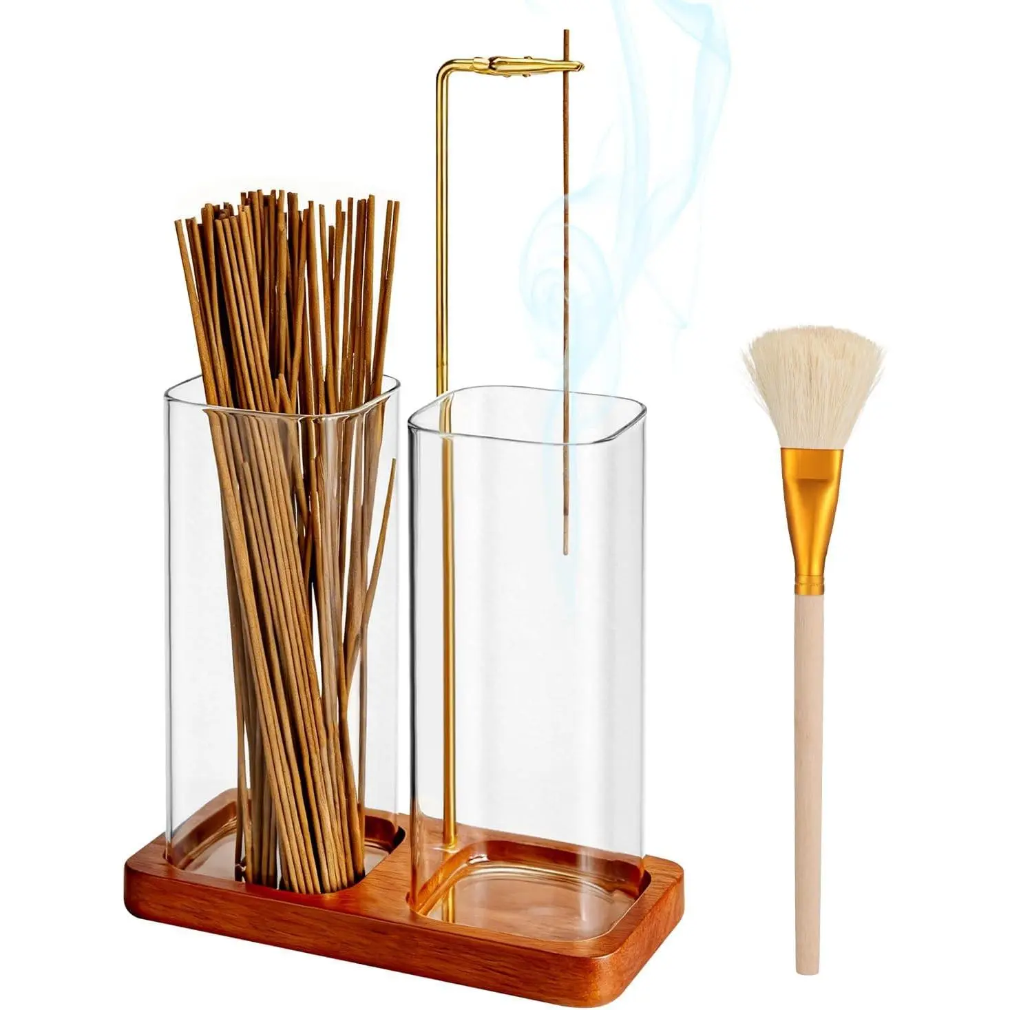2-in-1 Incense Holder for Sticks with Dual Tall Glass Jars, Incense Burner with Glass Ash Catcher & Storage for Meditation Yoga Spa Room Home Decor