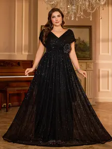Plus Size Women's V Neck Batwing Sleeve Party Dress, Handmade Embroidery, Sequins, Elegant Formal Evening Gown for Special Occasions