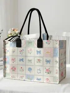 1 piece of 2D printed large-capacity storage bag with floral plaid pattern, super large storage bag, sturdy handle, space-saving multi-purpose, suitable for use at school, on business trips, and shopping, Durable Shopping Totes, Casual Shopping Bag
