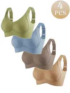 Women's Seamless Wireless Bra, Adjustable Wide Shoulder Straps, Comfortable Breathable Casual Daily Wear, Ribbed Stripe Design, Medium