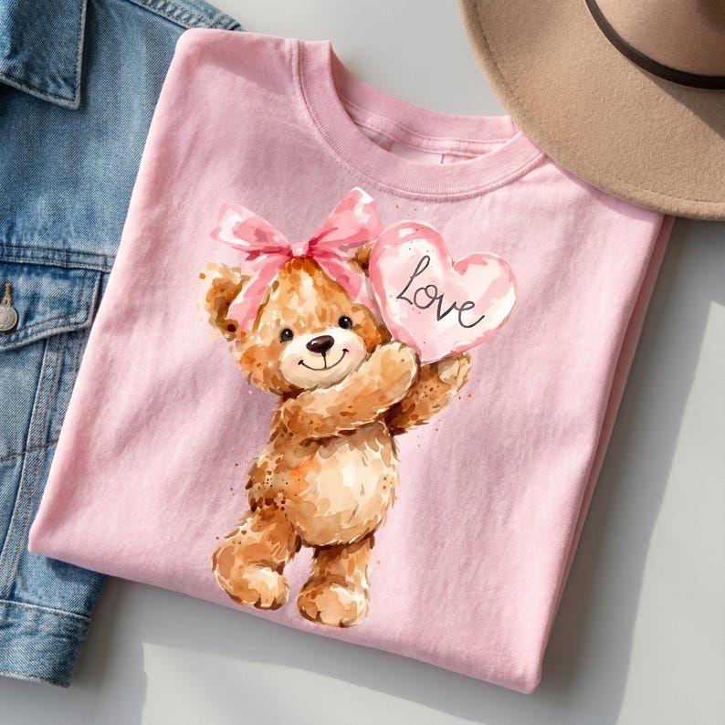 Valentine Bear Shirt, Coquette Teddy Heart Comfort Colors Tee, Pink Bow Cute Valentine Gift