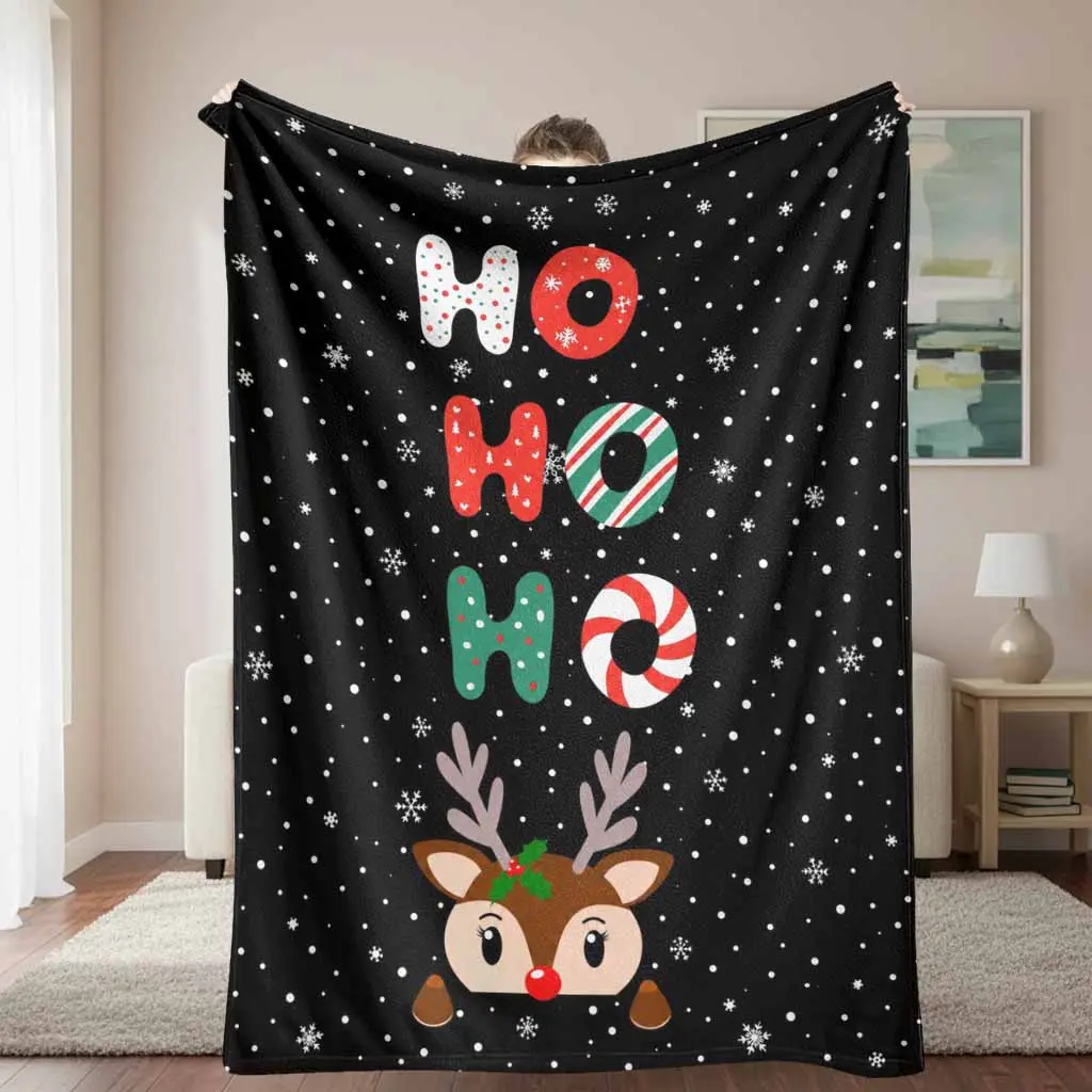 Christmas Reindeer Flannel Blanket Ho Ho Ho Candy Cane Snowflake Print Soft Cozy Warm Lightweight Decorative Throw Perfect for Bedroom Sofa Office Holiday Gift Winter Home Decor