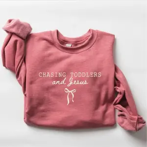 FaithHaus - Chasing Jesus and Toddlers Sweatshirt, Coquette Christian Bow Crewneck, Aesthetic Faith Based Pullover, Thoughtful Gift for Christian Moms or Teachers
