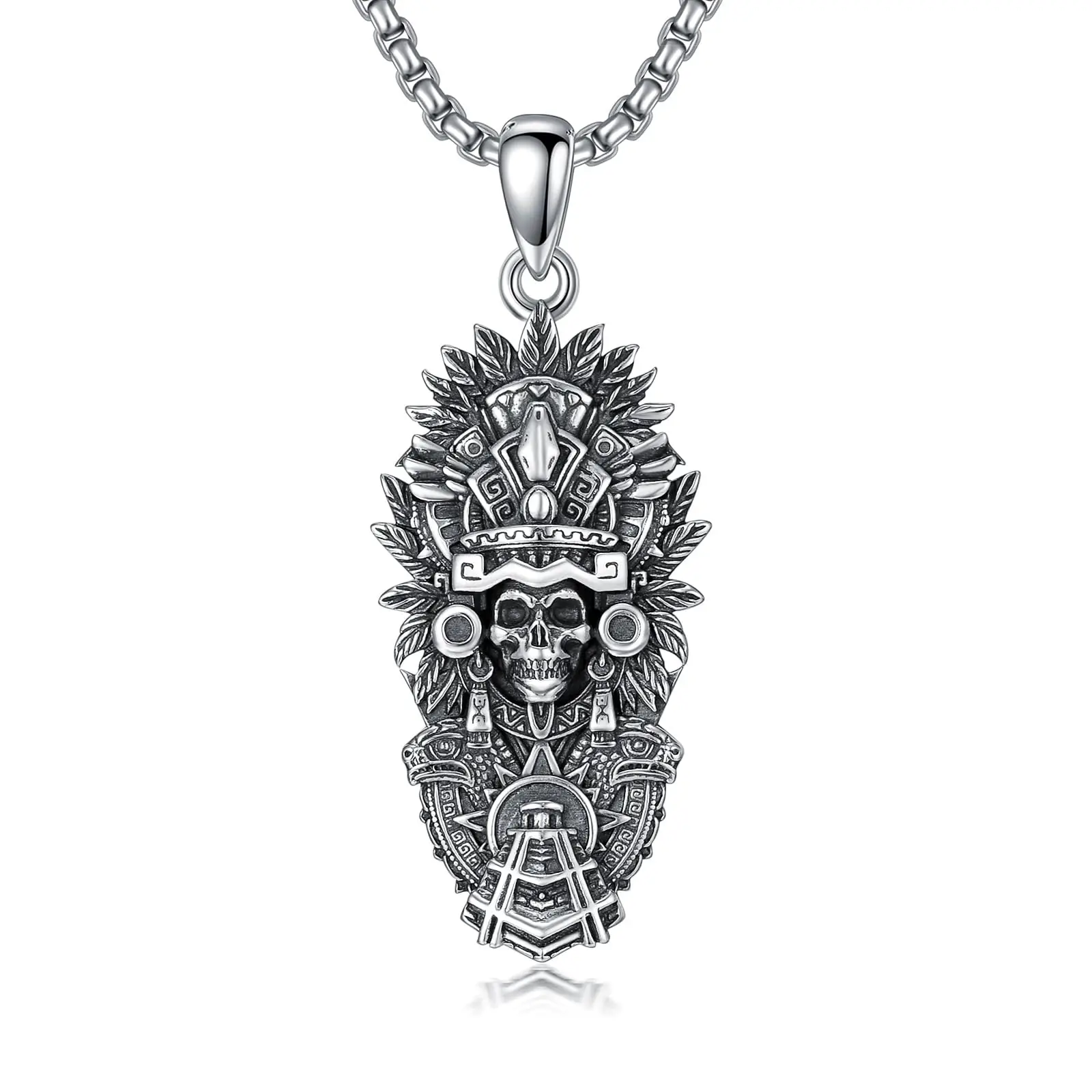 925 Sterling Silver Aztec Necklace Mictlantecuhtli Skull Mexico Necklace Mayan Mexican Jewelry Christmas Birthday Gifts for Men Women Unisex