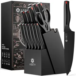 ASETY 15-Piece Kitchen Knife Set with Block – Built-in Sharpener, Anti-Rust Coated Steel, NSF-Certified, Dishwasher Safe, Ergonomic Handle – Professional Cooking Knives for Steak & Meat Prep