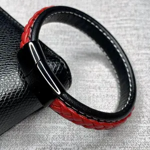 Red and Black Leather Bracelet with Magnetic Clasp