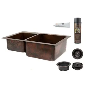 33" Hammered Copper Kitchen 40/60 Double Basin Sink with Matching Drains