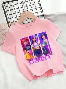 Kpop Hunter Girl Group New Year Hot Pattern Print Girls Casual Round Neck Loose Sports T-Shirt, Elastic Fabric, Kids Outdoor Indoor Activities