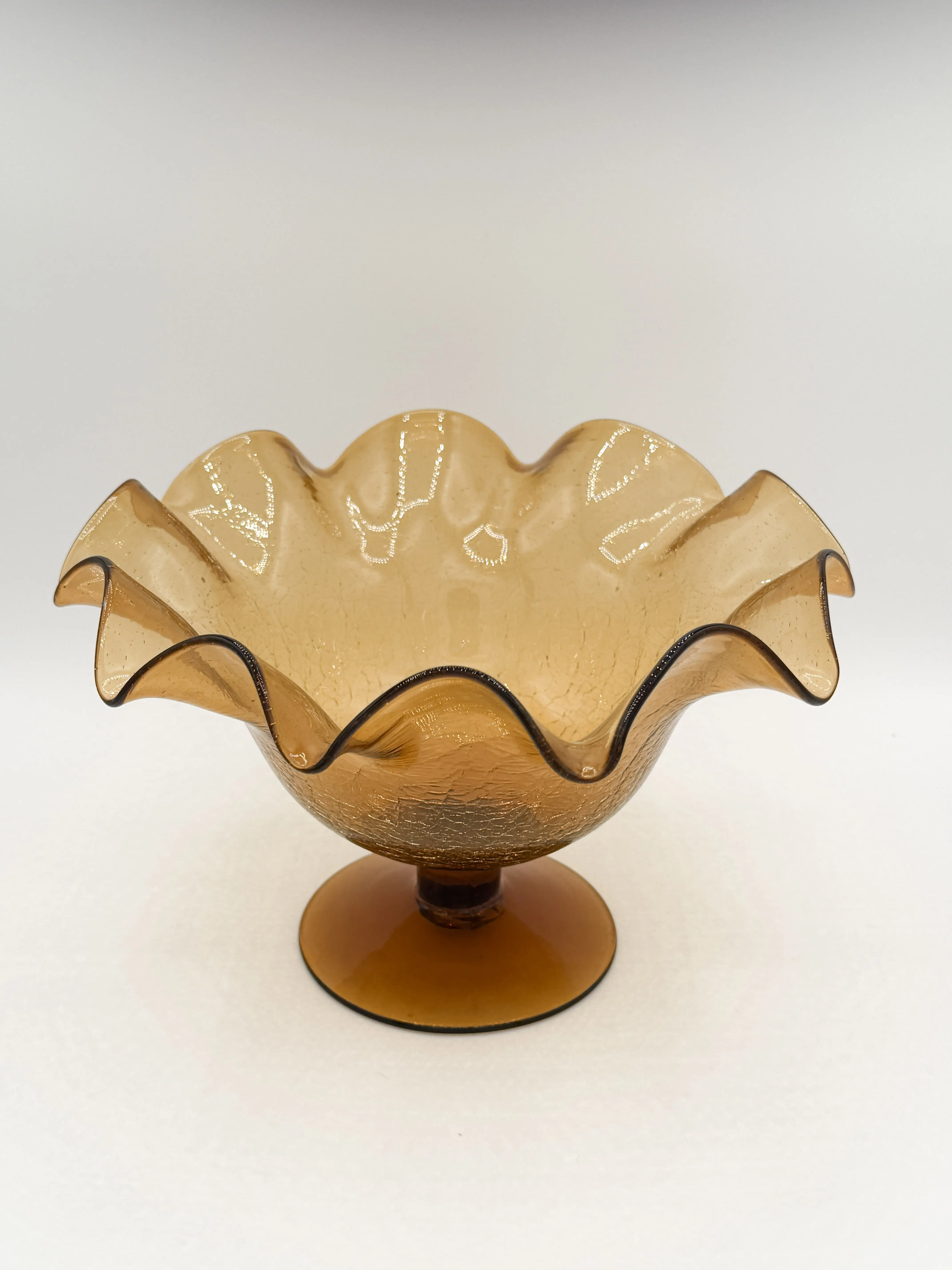 Orange Glass Stemmed Bowl with Scallop Edge - 5.5" Height, 8.75" Diameter, Ideal for Serving or Display