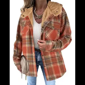 Womens Plaid Shacket Jacket Long Sleeve Button Down Fleece Hooded Jackets Warm Coat Halloween winter jacket