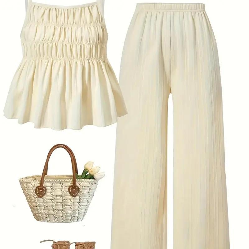 Summer Women's Outfit Set, Elegant Loose Tank Top with Wide Leg Pants, Perfect for Vacation, Sister Photoshoot, Stylish, Casual and Comfortable