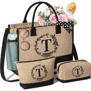 Personalized Gifts for Women Tote Bag, Initial Jute Tote Bag & Makeup Bags Monogrammed Beach Bag w/ Zipper, Birthday Gifts Mothers Day Gifts for Mom Women Her Friend Sister Wife Grandma Teacher Nurse