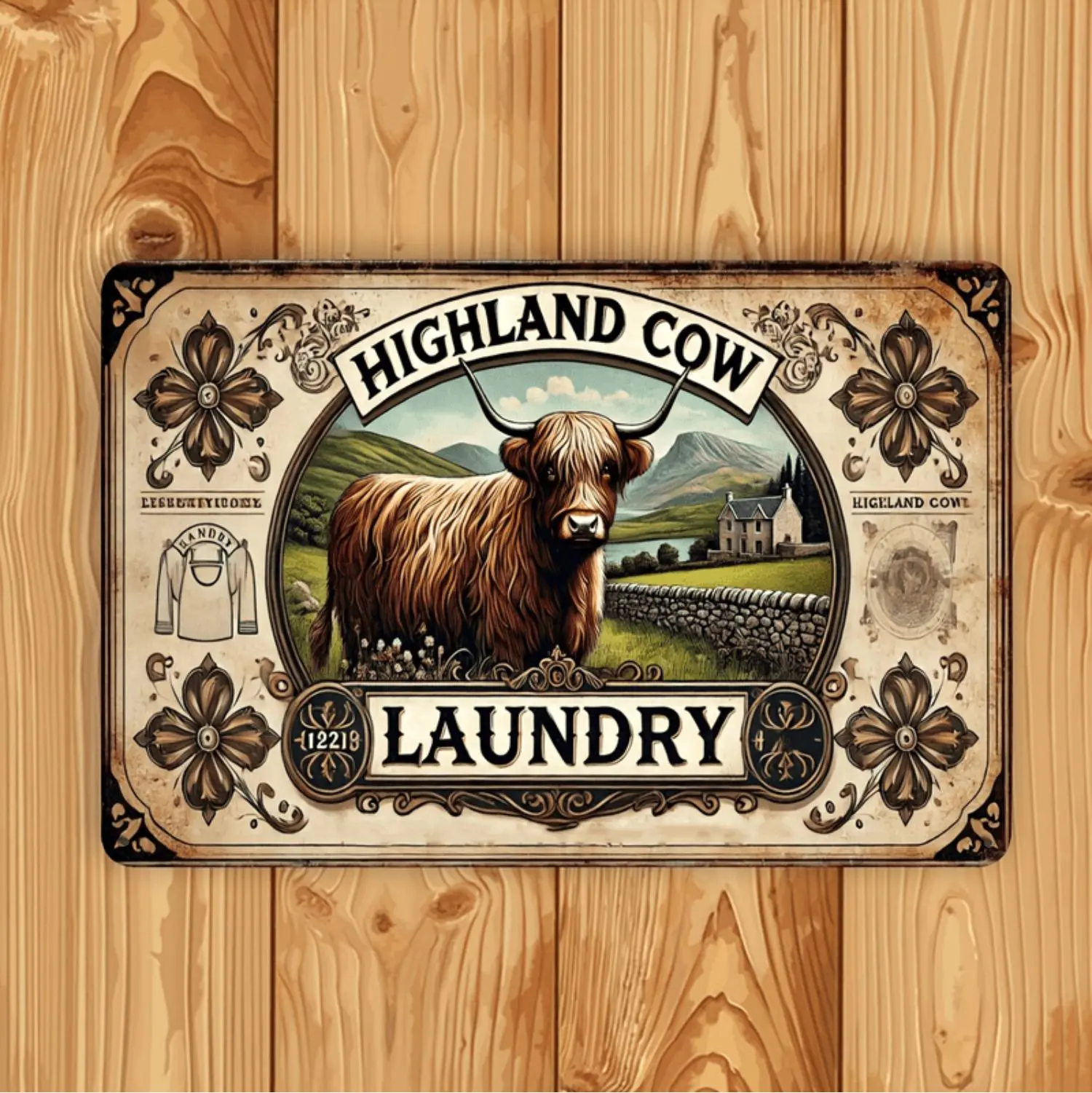 Rustic Highland Cow Metal Wall Art With Clothes Hamper Design For Farmhouse Decor And Perfect Housewarming Gift