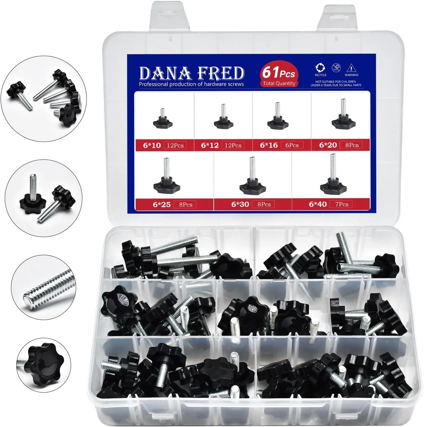 61 Pieces Star Knobs Screw Kit M6 Nylon Black Plastic Replacement Star Hand Knobs with Steel Tightening Screws Standard Metric Handle Thread Stud Bolt Hardware M6x10/12/16/20/25/30/40 mm