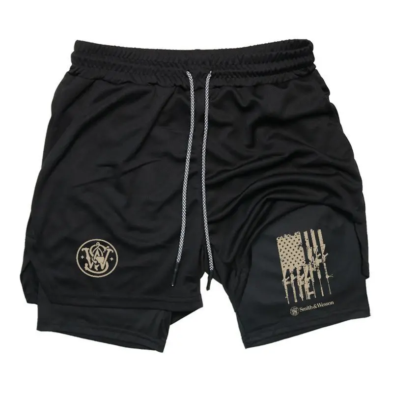 Smith & Wesson American Flag Rifles Shorts Tactical Firearms Graphic Gym Running Shorts for Men 2 in 1 Quick Dry Workout Athletic Shorts