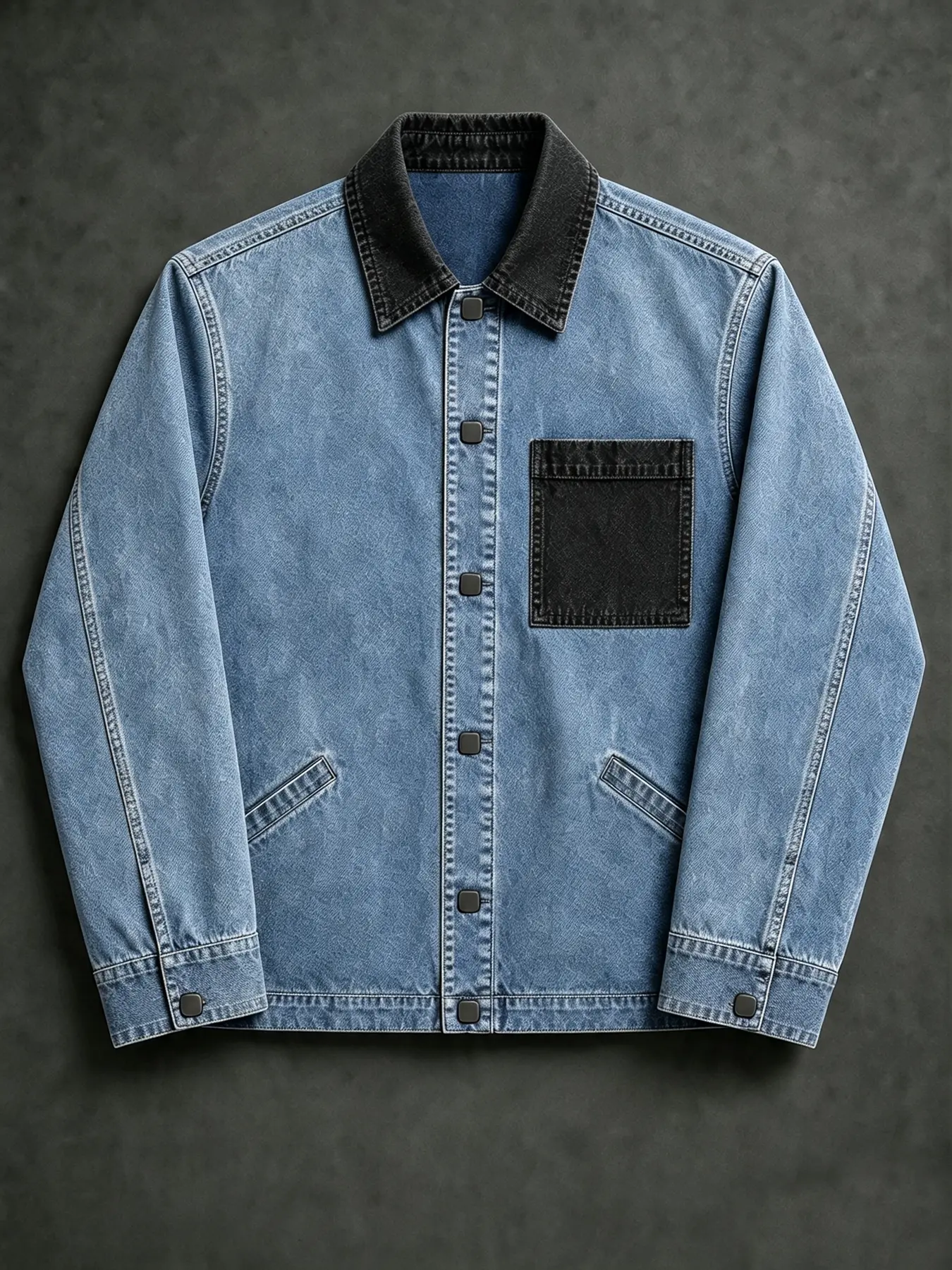 Men's 100% Cotton Contrast Collar Denim Barn Jacket, Vintage Washed Relaxed Fit Snap Button Workwear Coat