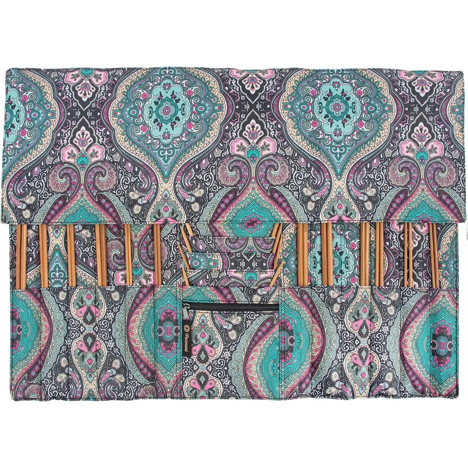 PACMAXI Knitting Needles Organizer Foldable Knitting Needles Storage Case | Roomy carry bag for sewing, knitting and craft tools. Multiple pockets. Tools not included. Holds 14. Gift