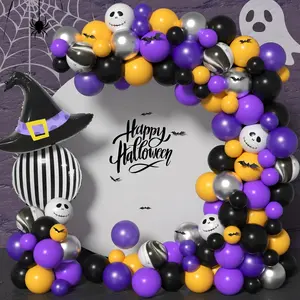 Black Purple Halloween Balloon Garland Arch Kit - Witch Hat Striped Foil Balloons, 3D Bat Stickers