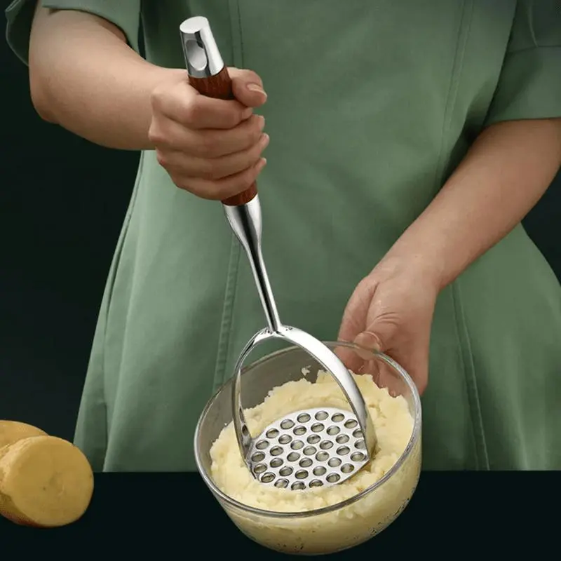 Stainless Steel Potato Masher - 1pc Lightweight Manual Hand Press Kitchen Utensil with Comfort Grip Handle, Wooden Detail, 31.80x8.00x8.00cm Fruit Tool, Vegetable Tool for Mashing Potatoes, Juicing Citrus Fruits, With Handle