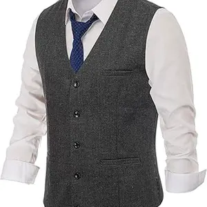 Men's Herringbone Tweed Suit Vest Casual Wool Blend Waistcoat