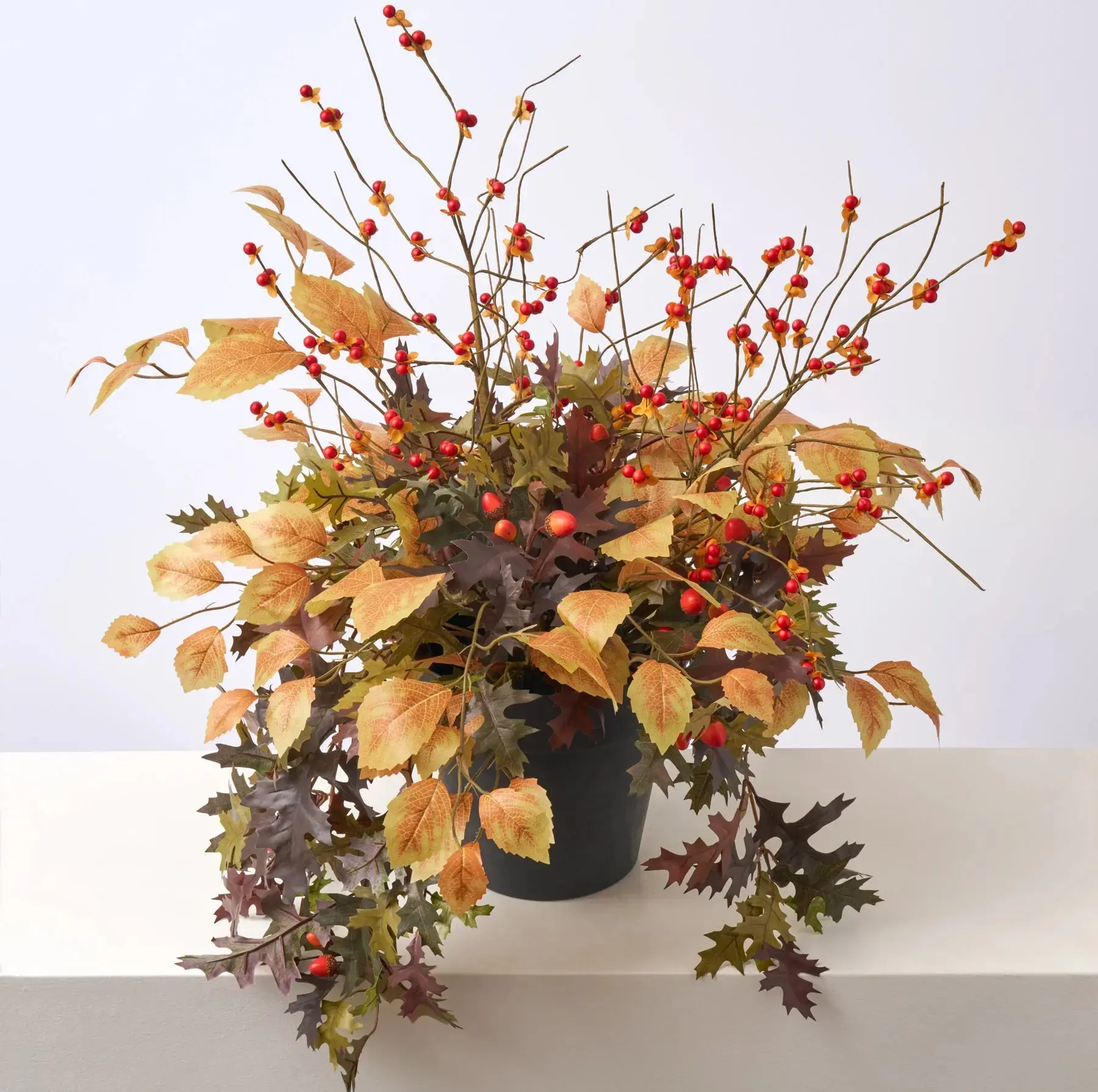 Faux Potted Fall Leaf Mix Urn Filler Arrangement - 24x24x22" Entryway Decor, 1-Piece Unit with Oak, Acorn, Terracotta Birch, Wild Bittersweet Twig, Bittersweet Texture, Fade Resistant, Recycled Base, Outdoor Use
