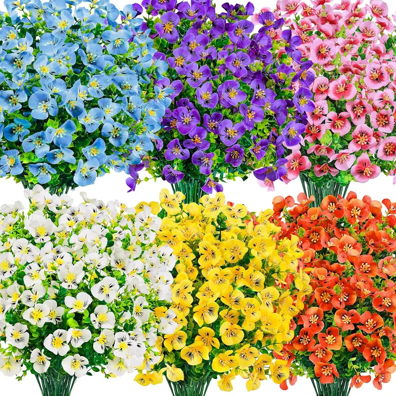 Der Rose 24-Bundles UV-Resistant Silky Artificial Pansies Garden Mix - 6 Assorted Decorative Flowers, Lightweight, Adjustable, Easy Planter Placement for Outdoor Use, Silk Gift for Mom