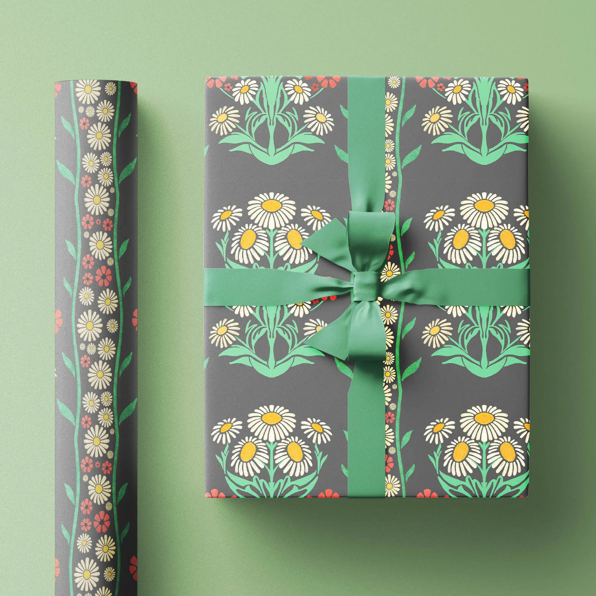 Preppy Wrapping Paper Roll, Black Holiday Gift Wrap, Vintage Inspired Floral Block Print Pattern in Style of William Morris, Cute & Pretty