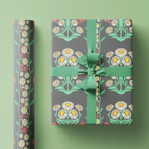 Preppy Wrapping Paper Roll, Black Holiday Gift Wrap, Vintage Inspired Floral Block Print Pattern in Style of William Morris, Cute & Pretty