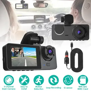 3-channel (front, interior, rear) car dashcam with 32GB MMC card, G-sensor, motion detection, parking monitor, and loop recording Automatic video recording upon detection of moving objects Emergency accident locking and parking monitoring.