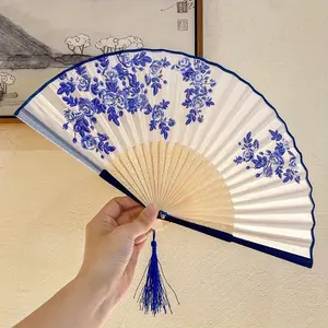 1 Pack Handheld Floral Folding Fan Hand Held Silk Bamboo Fan with Tassel Women Hollowed Hand Foldable Fan with Fabric Sleeve Flower Design for Dancing Wedding Decoration Gift