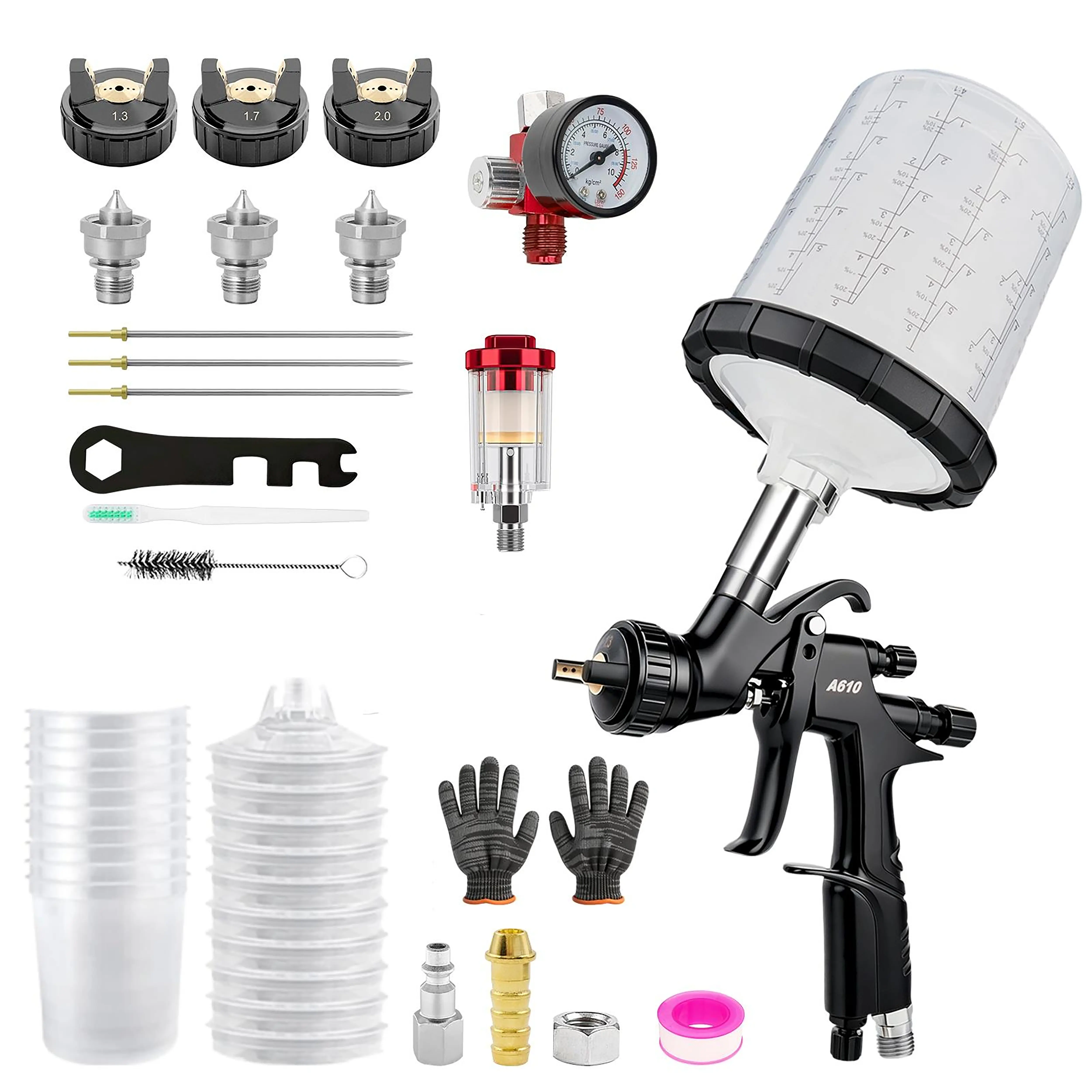 R500 LVLP Air Spray Gun with 10PCS 650ML Disposable Paint Cups, A610 Paint Guns Automotive, Paint Gun Sprayer for Car Painting, 1.3/1.5/1.7mm Nozzles, with Air Regulator&Water-Oil Separator