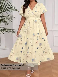 Plus Size Apricot Floral Print V-Neck Loose Fit Boho A Line High Waist Shortsleeve Dress for Women Summer Beach Holiday Outfit - Womenswear, Flared