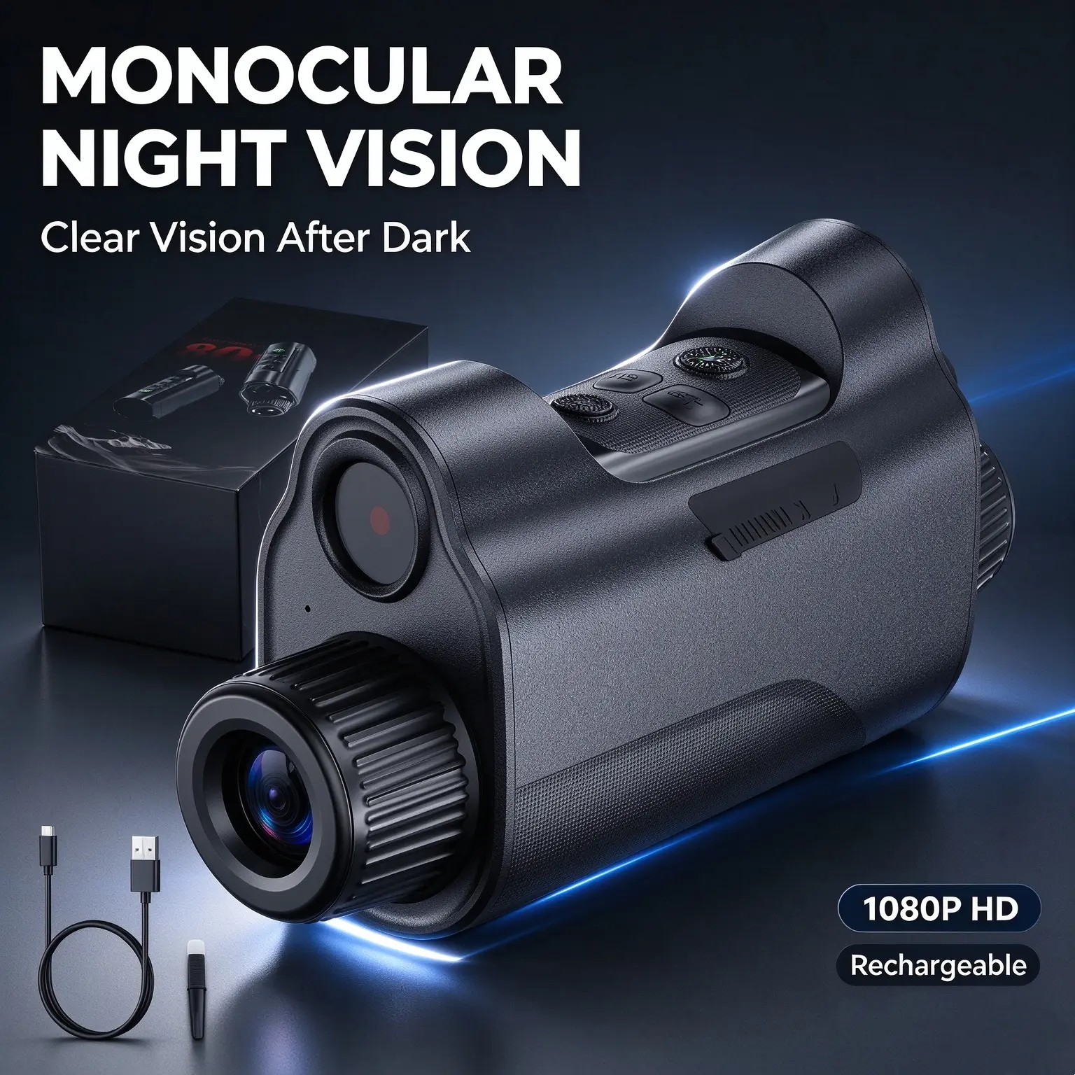 Car Inspection HD Night Vision Monocular Scope - 10x Digital Zoom, 28mm Lens, Adjustable Focal Length, USB-C Charging, Customizable, Cell-Compatible, Camping Accessories, for Outdoor Enthusiasts (Black)