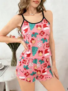 Christmas Print Strapless Pajamas for Women, Cute Santa Hat and Tree Home Wear Set, Two-Piece Lounge, Festive Sleepwear, Loungewear, Matching