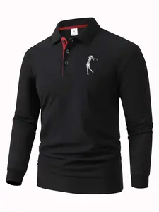 Men's Spring Fall Winter Casual Long Sleeve Polo Shirt, Comfortable Herringbone Print, Golf Style, Perfect Gift for Husband and Father