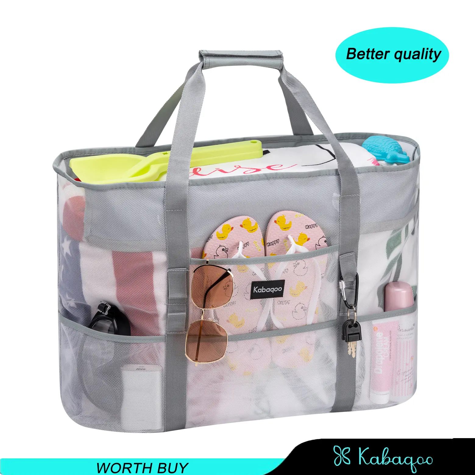 KABAQOO Premium Mesh Beach Tote bag, Extra Spacious with 9 Pockets, Zippered & Waterproof, Ideal for Beach & Pool Adventures, crossbody,Net Bag,Travel