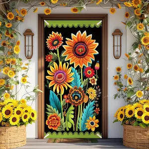 Spring Sunflower Door Banner - Black, Seasonal, Porch, Front Door Cover Background for Autumn, Fall, Outdoor, Home, Garden, Holiday180x90cm