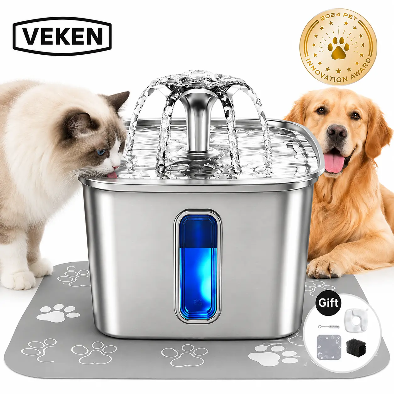 【Veken】Innovation Award Winner Stainless Steel Cat Water Fountain, 108oz/3.2L Automatic Pet Fountain Dog Water Dispenser with Replacement Filters & Silicone Mat for Cats, Dogs, Multiple Pets，Petlovers