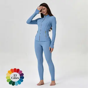 【Golden Zipper】Soft Brushed Women's Sport | Yoga | Quick-dry | Workout Jacket & High Waisted Cropped Leggings. Golden Zipper Jacket with Pockets, Yoga Pants, Thumbholes Design, Casual Slim fit Wear for Women