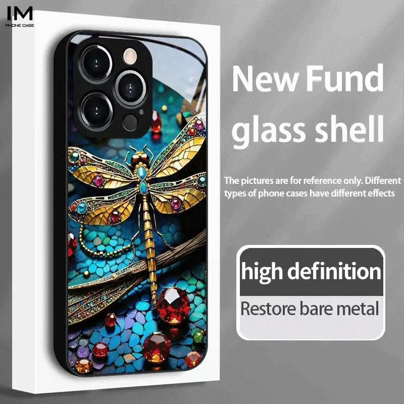 Dragonfly Print Gemstone-Embellished Tempered Glass Protective Smartphone Case - Mobile Phone Accessory for iPhone 17, 17Air, 16 Pro, 15 Promax, 14 Plus, 13, 12, 11 & Other Cellphone Devices