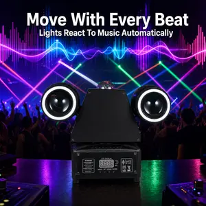 Nunchaku 100W 4-in-1 Dual-Head DJ Party Light with dual moving heads, RGBW magic ball, red & green lasers, and strobe. Features sound activation and remote control. Perfect for home parties, weddings, bars, clubs, DJs, school events, Halloween, Christmas.