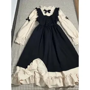 Fashion Vintage Patchwork Bow Long Sleeve Dresses+ Black Sleeveless Vest Dress for Women 2026 Spring New Two Piece Sets