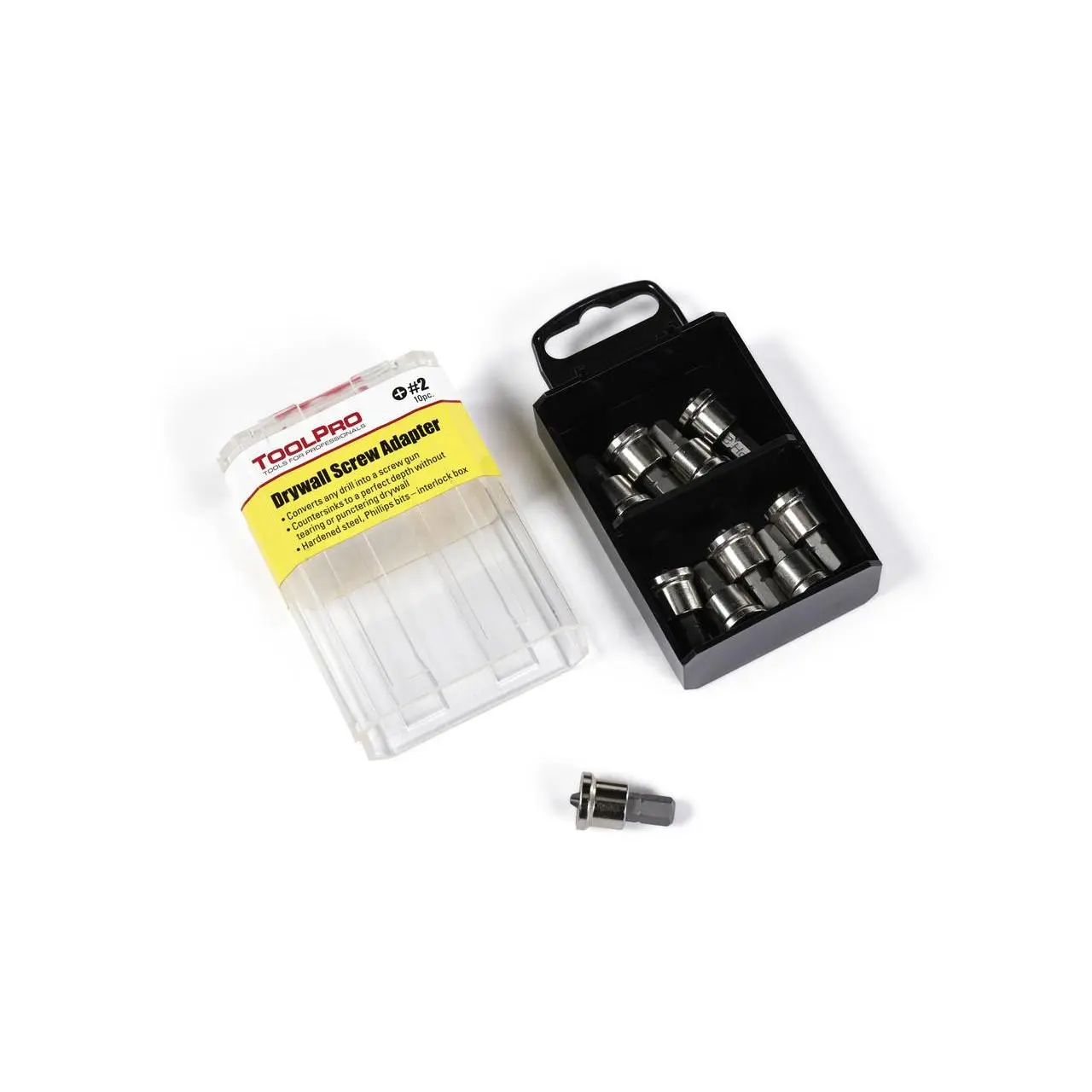 TOOLPRO 10-Piece Drywall Screw Adapter Set - Interlocking Quick-Dispense Tool Box, Steel Shaft, Depth Control, 8 Adapters, Drill/Countersink Bits, Screwdriver Bits, Drill Conversion, 1 in. x 1/4 in., for Construction, Home Improvement